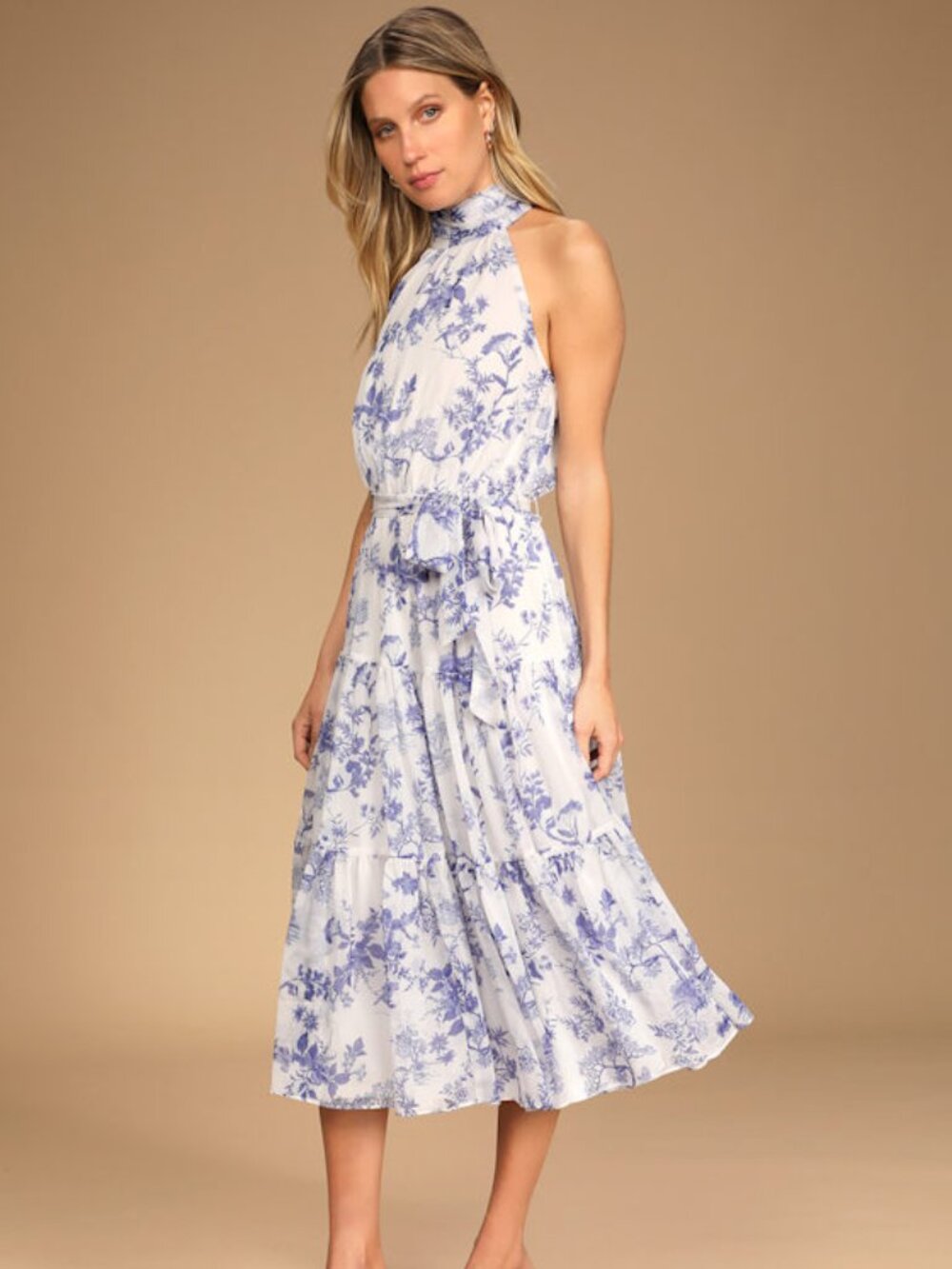 Lulus Float To You White Floral Print Halter Tiered Midi Dress - Size XL